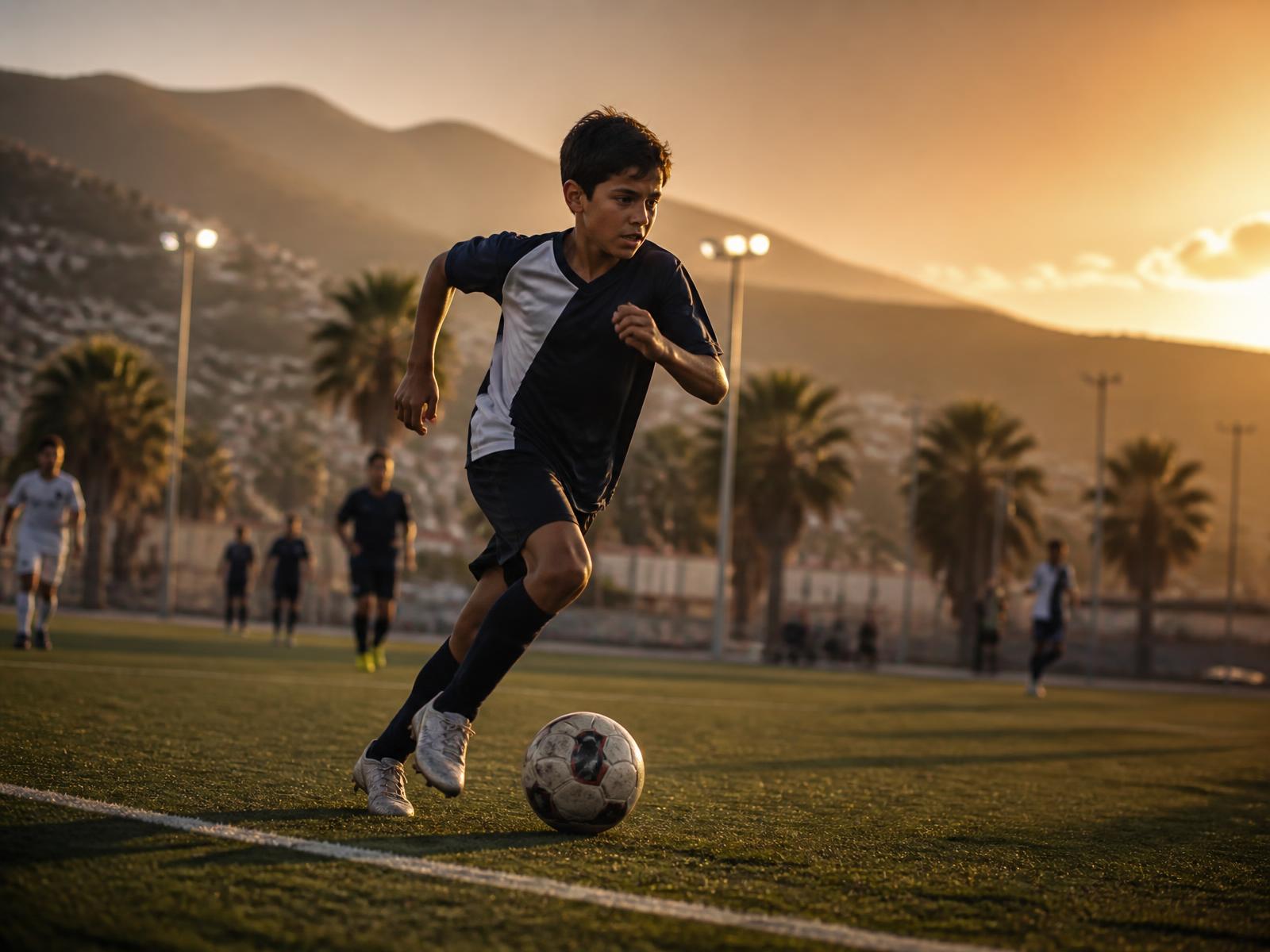 Jeune joueur en action dribblant au coucher de soleil sur un terrain de la Côte d'Azur — Football School Azur